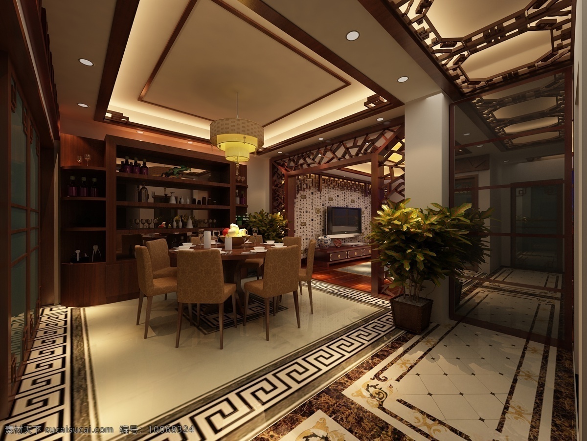 中式 餐厅 3d设计 吊顶 过道 客厅 3d模型素材 其他3d模型