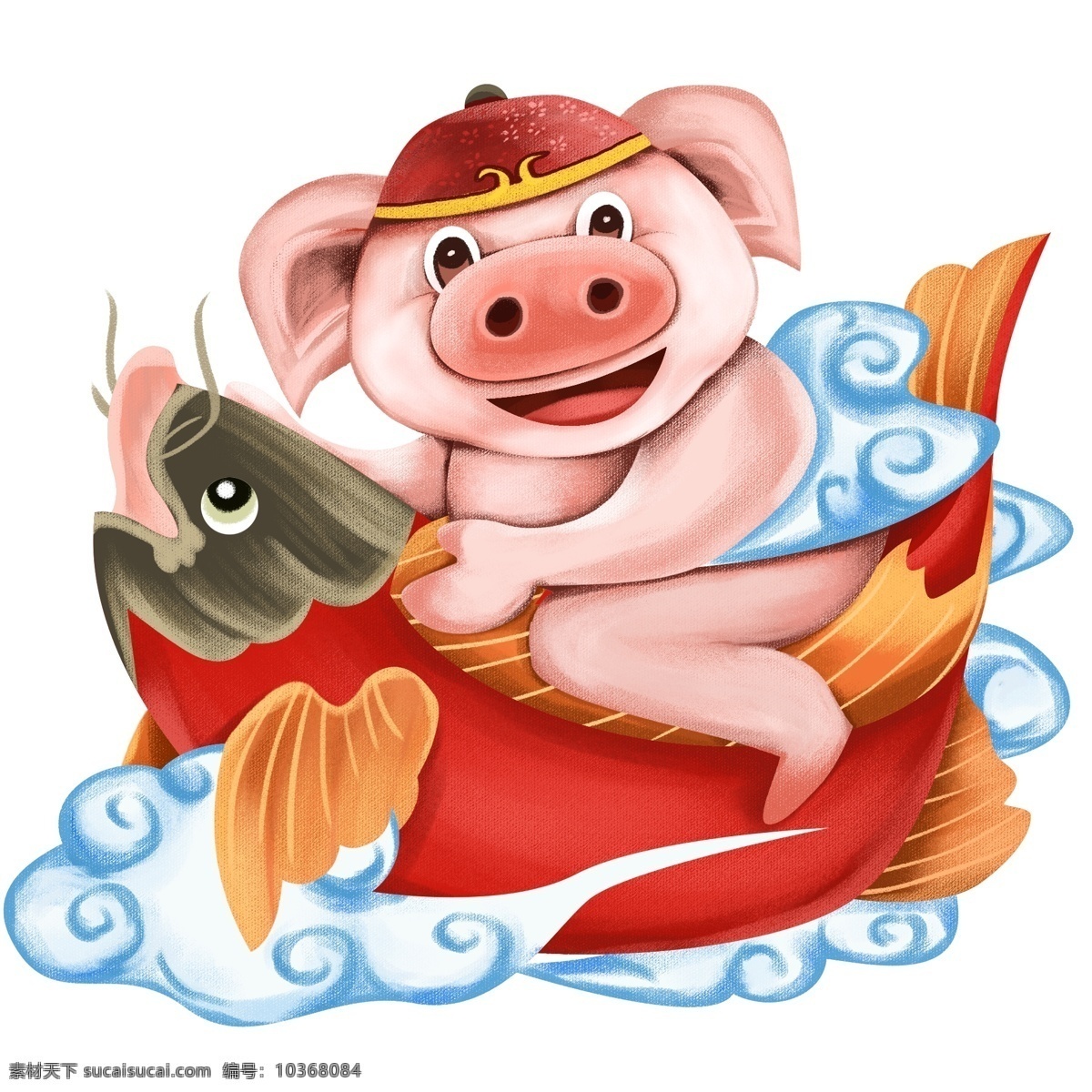 猪年 插画 中国 传统 新年 春节插画 猪年插画 卡通猪 年画 莲莲有鱼 中国传统 春节 祥云 手绘鲤鱼