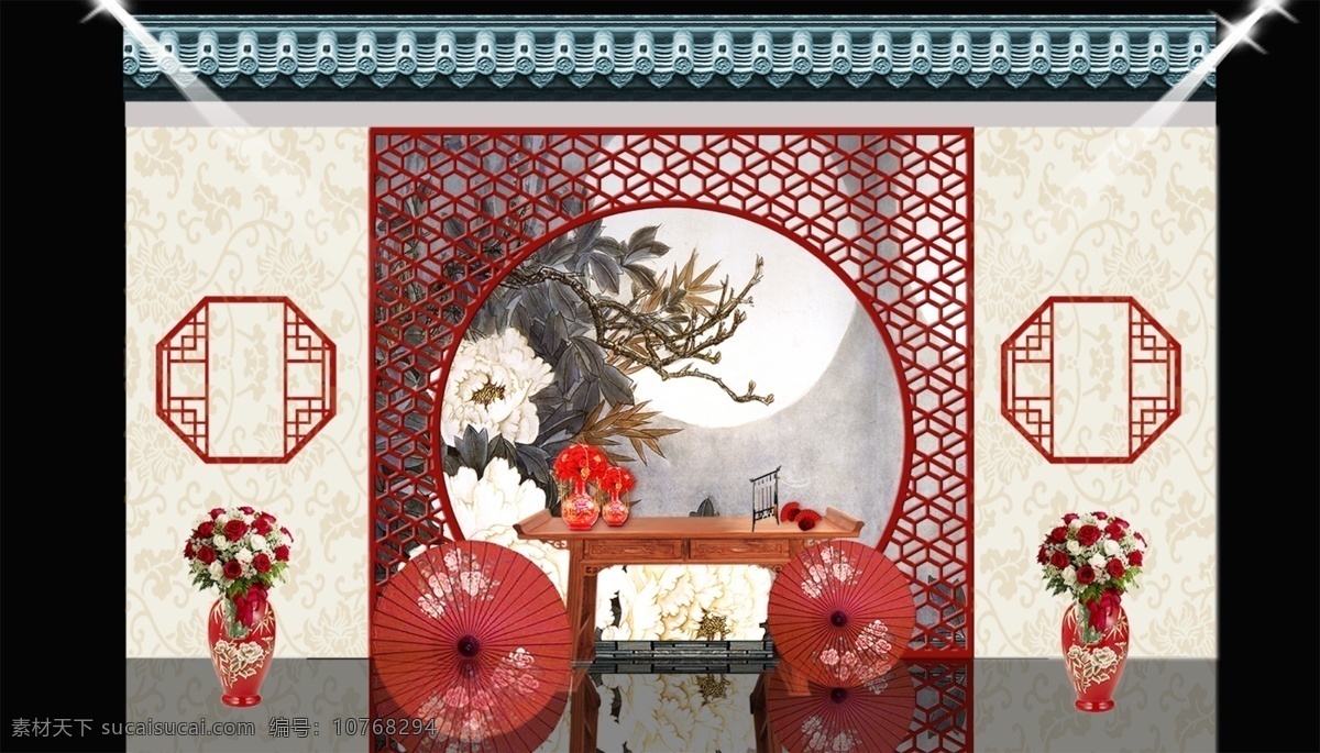 中式 婚礼 签到 效果图 展示区 签到区 中式婚礼 花瓶 桌案 伞 屏风 中式花纹