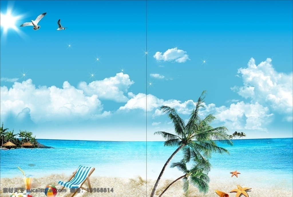 夏季封面 蓝天白云 椰子树 鸽子 海边 杂志封面 沙滩 夏日海边 海水 小岛 岛 大海 底图 画册封面 画册设计