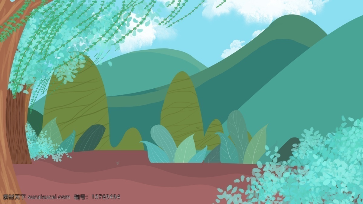 彩绘 户外 树林 远山 背景 简约 绿色 海报背景 背景素材 清新背景 柳树 色彩背景 彩色背景 水彩背景