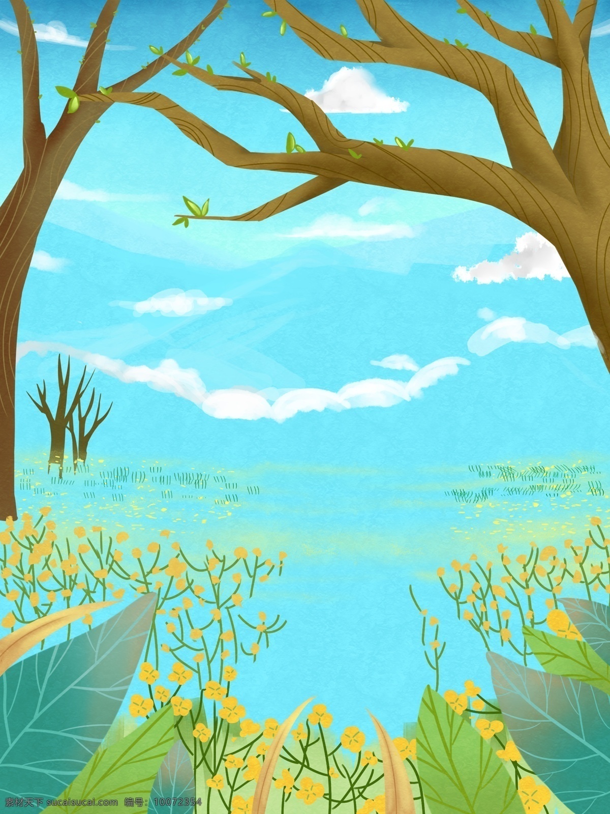 春天 户外 风景 背景 草地 天空 植物 树木 卡通 彩色 创意 装饰 设计背景 海报背景 简约 图案 插画背景