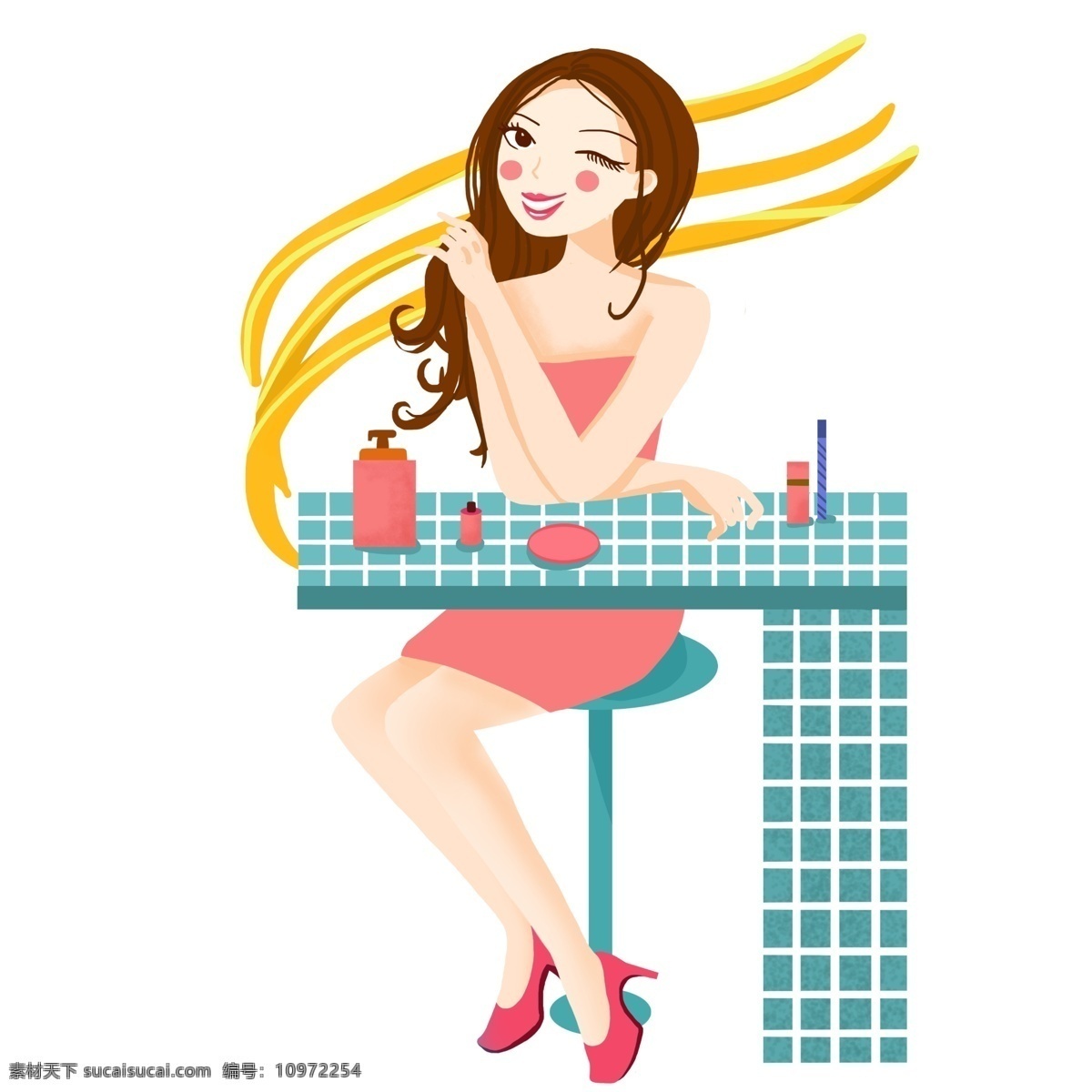 手绘 化妆 女孩 插画 性感的美女 卡通插画 蓝色的桌子 粉色的瓶子 手绘美容插画 爱美的女士
