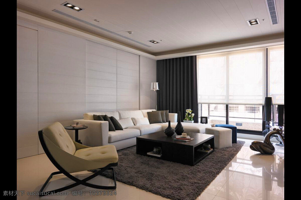 现代 简约 客厅 深色 地毯 室内装修 效果图 客厅装修 白色背景墙 浅色 单人 沙发椅 瓷砖地板