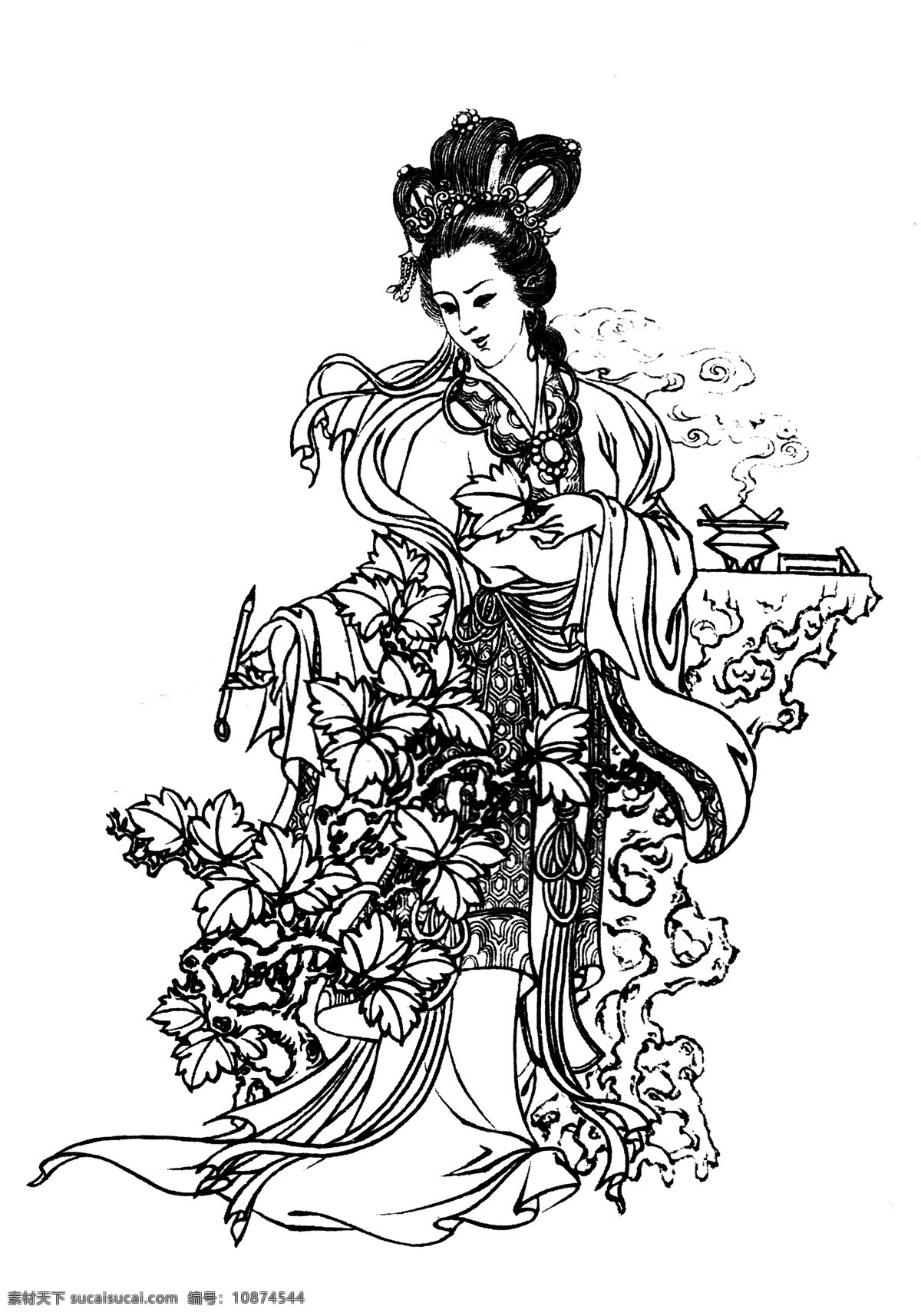 红叶题诗 白描 图案 绘画 古典 传统纹样 人物 神话传说 仕女 传统文化 文化艺术