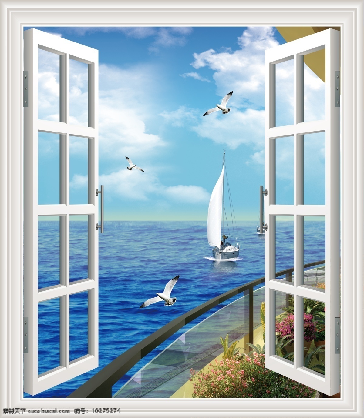 窗外风景 假窗 窗户 海景 天空 云彩 海鸥 海 家居 门窗 画 分层