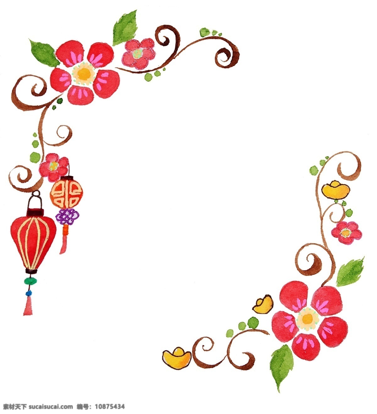 欧式 花纹 灯笼 元宝 边框 插画 春节 喜庆 节日 花朵 装饰