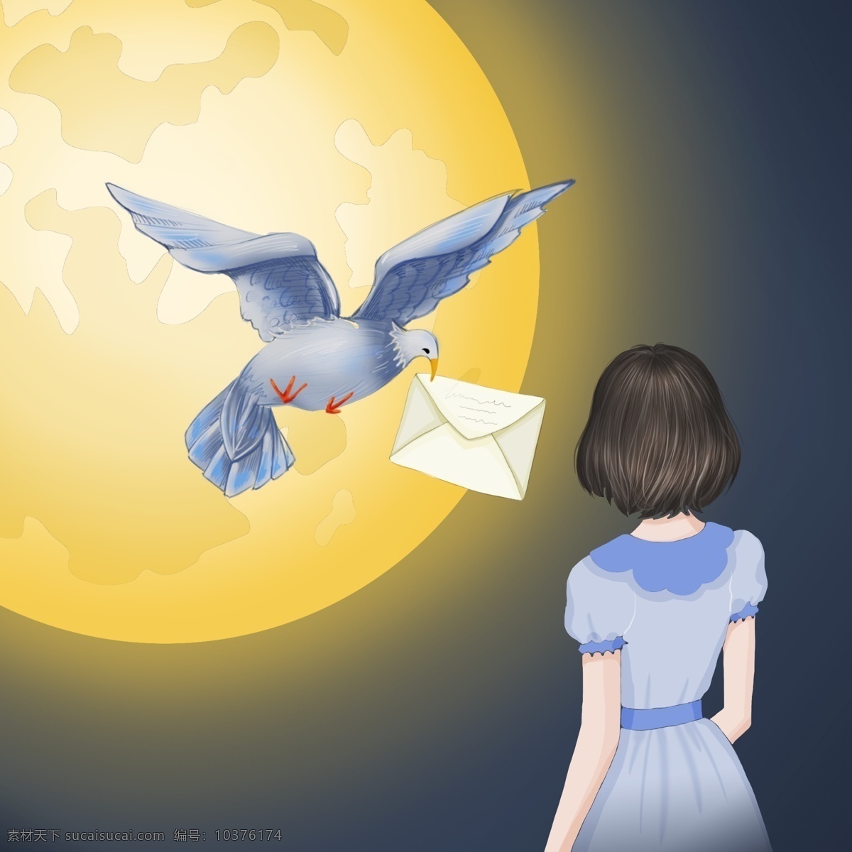 鸽子 带来 远方 信件 蓝色 黄色 金色 唯美 浪漫 女孩 裙子 白色 月球 月色 背影