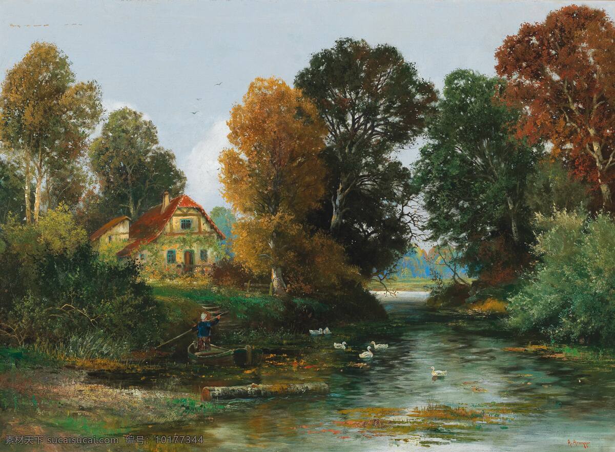 艾洛 伊 丝 阿尔内 格 澳大利亚画家 奥地利人 池塘的一天 小河 白鹅 小船 小屋 树林 19世纪油画 油画 文化艺术 绘画书法