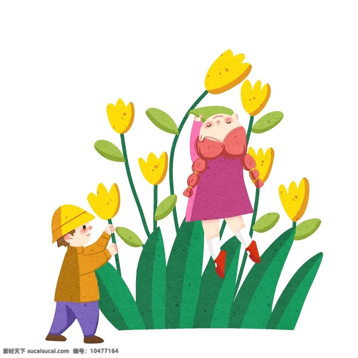 手绘 踏青 花朵 插画 黄色的花朵 高兴的孩子 漂亮的花朵 卡通插画 手绘踏青插画 踏青郊游插画