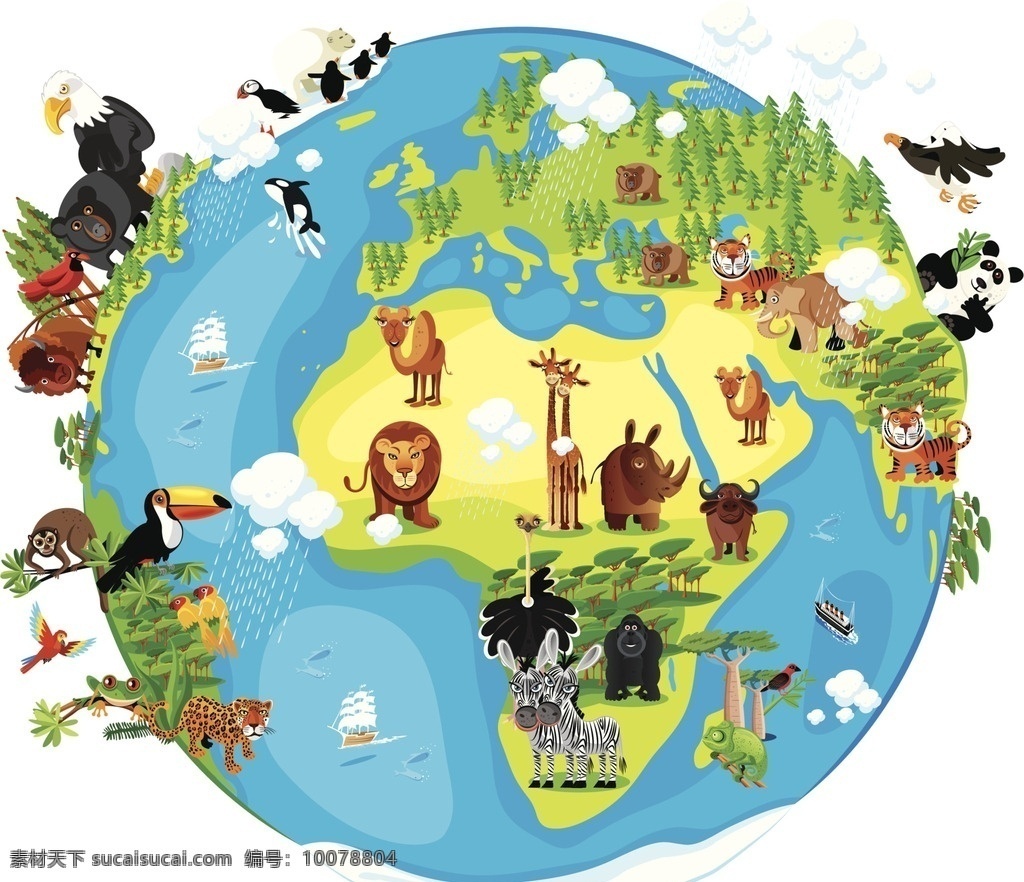 森林动物 动物 卡通 漫画 树木 狮子 大象 地球 动漫动画