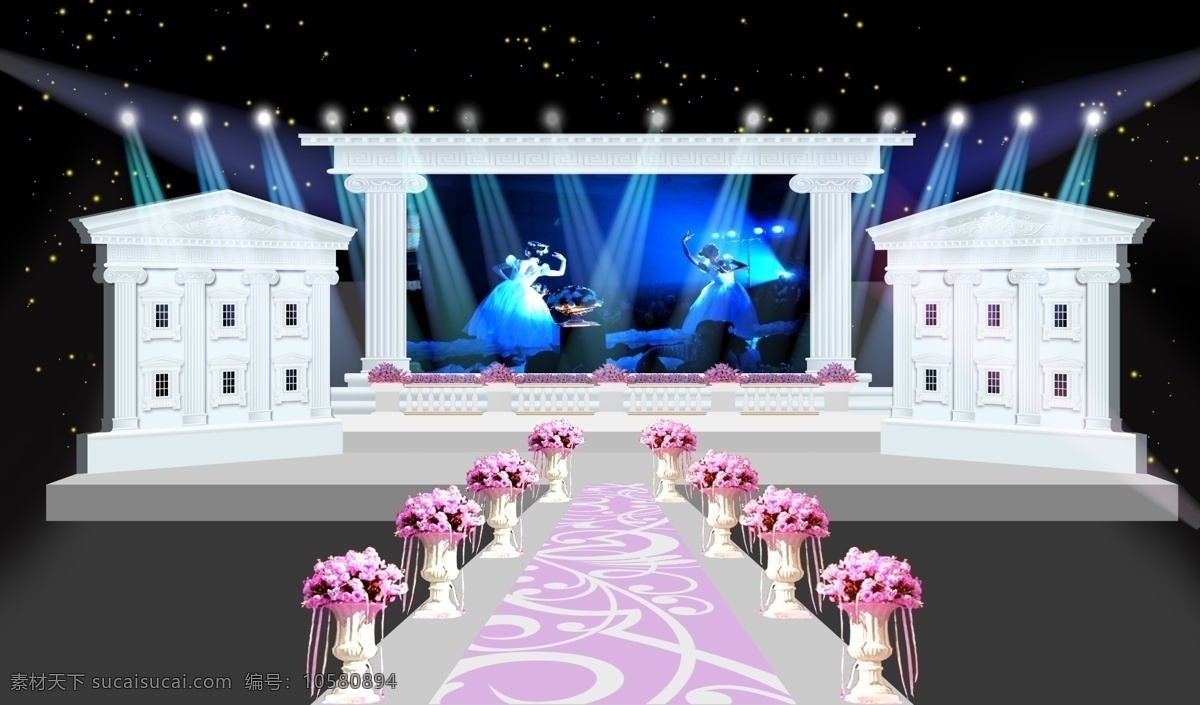 婚礼舞台设计 婚礼舞台 欧式罗马柱 路引花艺 婚礼花艺 灯光舞美 星空 仪式通道 分层