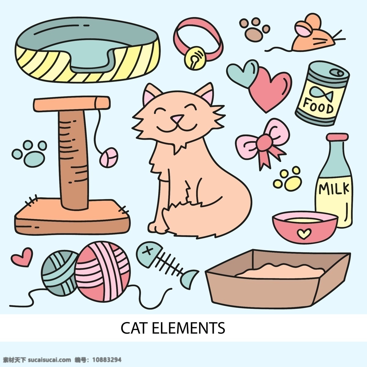 款 可爱 猫咪 宠物用品 矢量 素 项圈 脚印 老鼠 猫爬架 蝴蝶结 猫粮 鱼骨头 线团 鱼罐头 猫砂 爱心 宠物 动漫动画 动漫人物