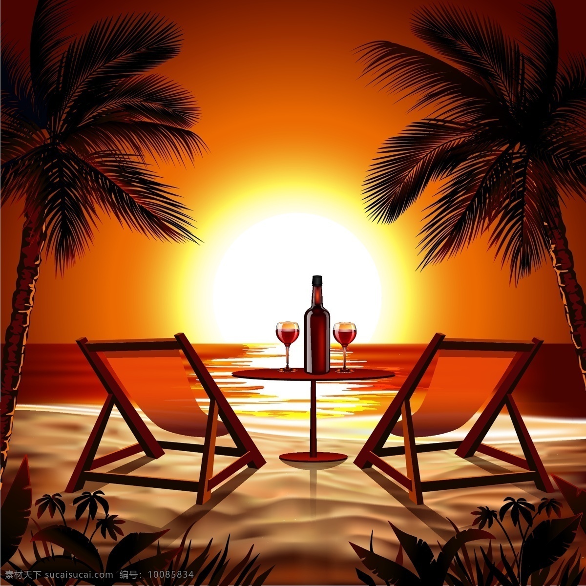 椰子树 大海 矢量图 热带 风景 夕阳 沙滩 躺椅 香槟 度假