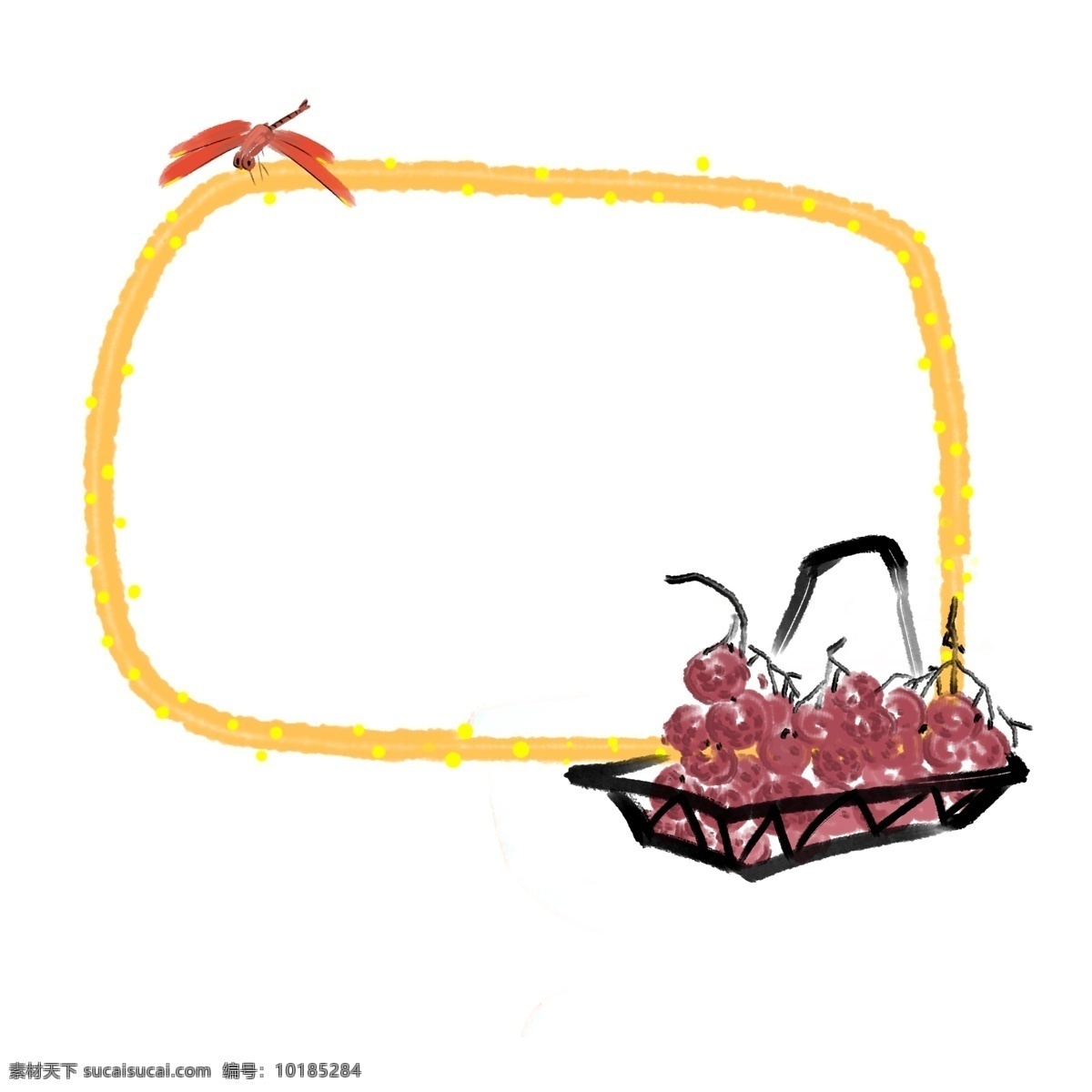 黄色 立夏 装饰 小 框 插画 一盘荔枝 黄色边框 红色蜻蜓边框 水墨荔枝枝干 简约黄色框 立夏装饰小框