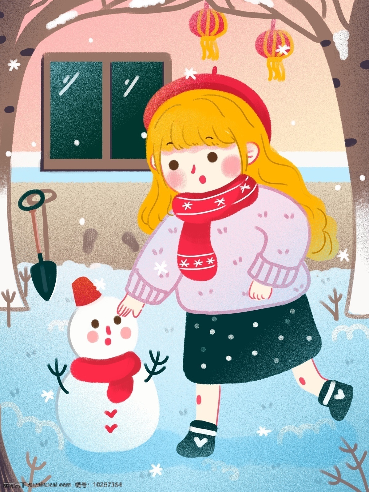 冬天 你好 新年 治愈 系 扁平 院子 里 堆 雪人 女孩 可爱 房子 灯笼 圣诞节 雪花 元气 树 铲子 堆雪人 围巾