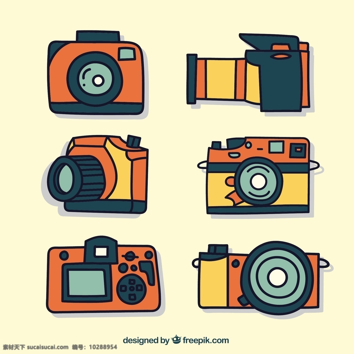 橙色 黄色 相机 收藏 手 技术 照片 手绘 平面 数码 彩色 插图 收集 反射 白色