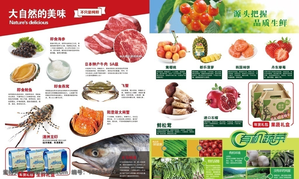 生鲜宣传页 海鲜 肉食 水果 蔬菜 精品水果 有机蔬菜 无公害 北菜园 澳洲龙虾 进口海鲜 鲍鱼 海参 燕窝 鱼翅 牛肉 海鲜礼包 都乐菠萝 草莓 宣传页 画册设计