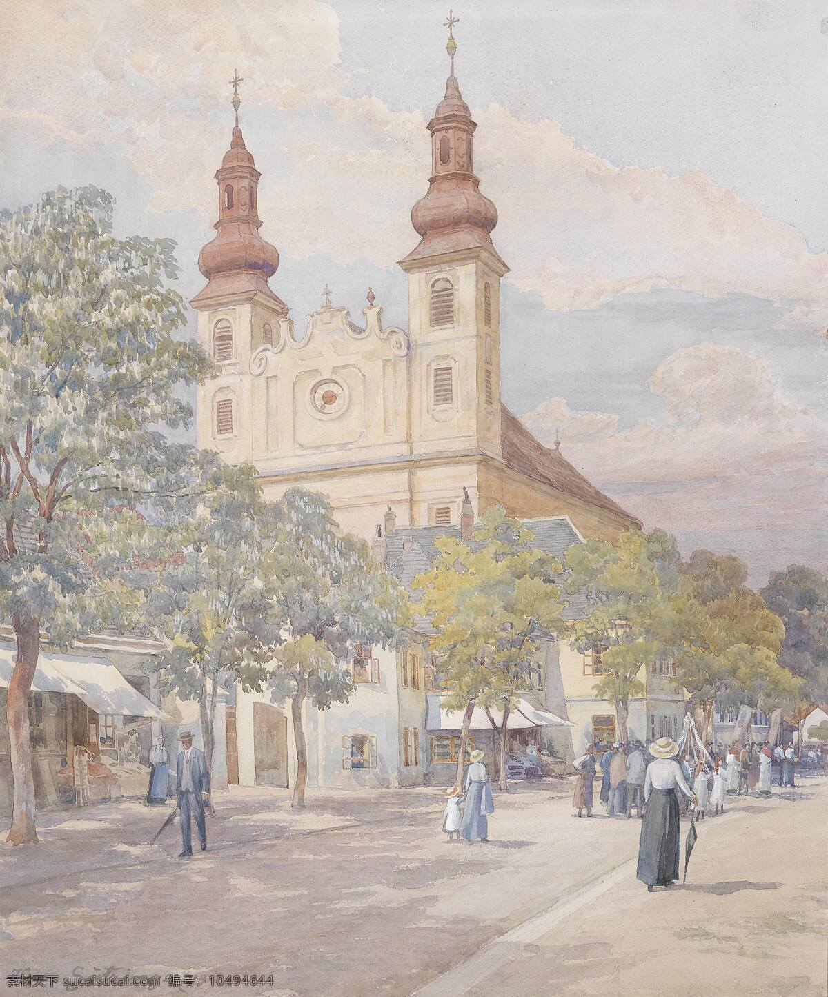 玛丽教堂 附近 树木 行人 街道 世纪 水彩画 文化艺术 绘画书法