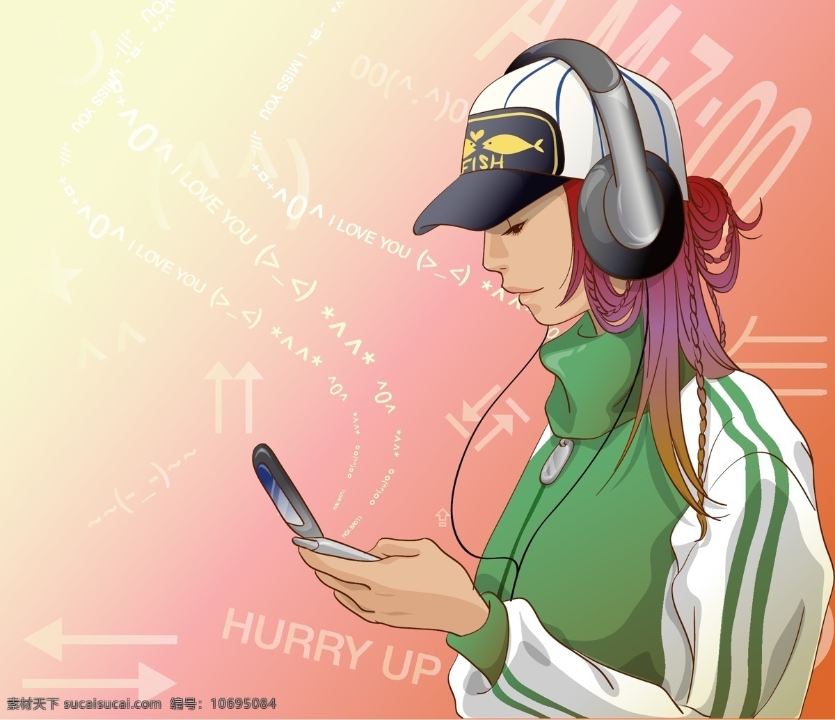 卡通 人物 卡通人物 听音乐 看手机 矢量图 矢量人物