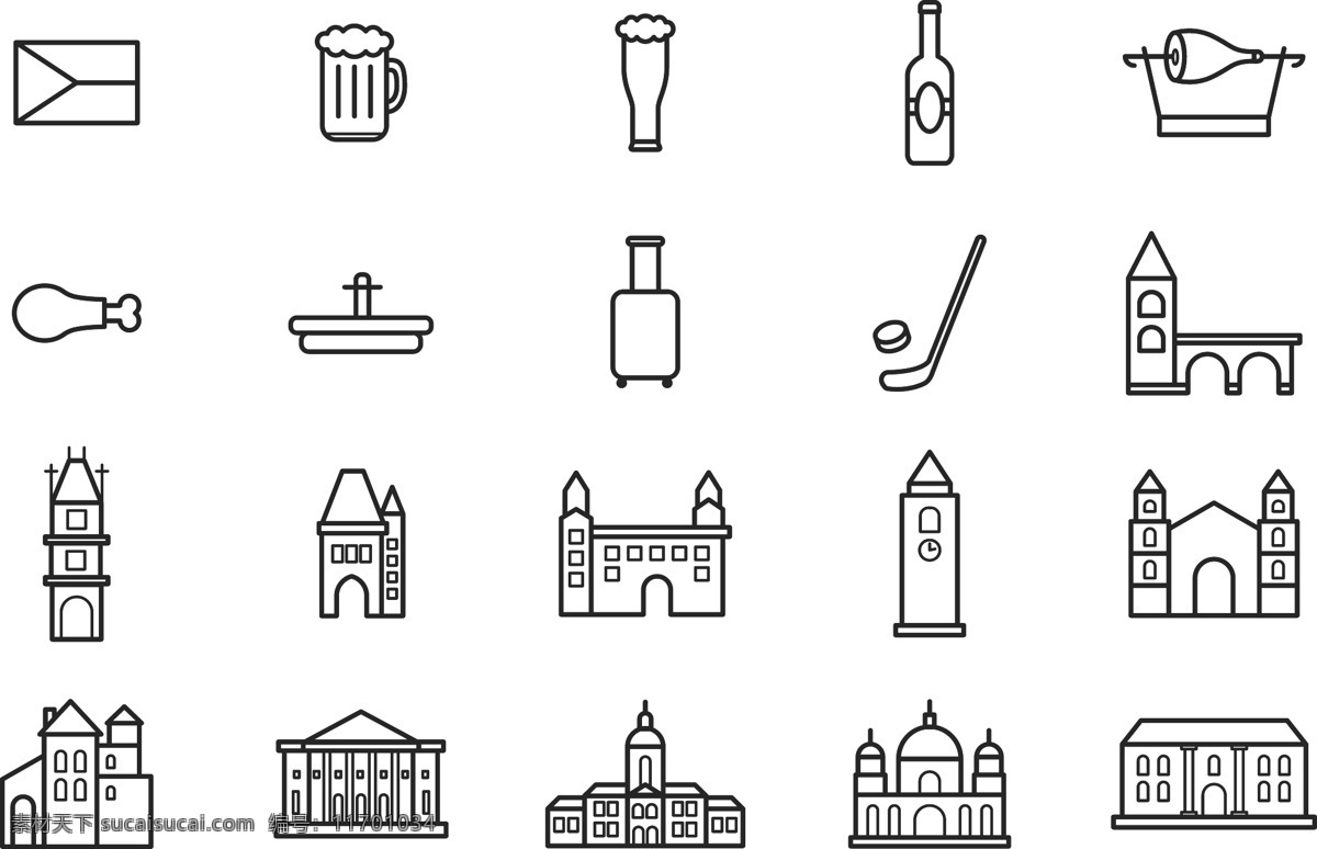 布拉格 城市 手绘 图标 手绘图标 图标设计 矢量素材 屋子 城堡 鸡腿 啤酒
