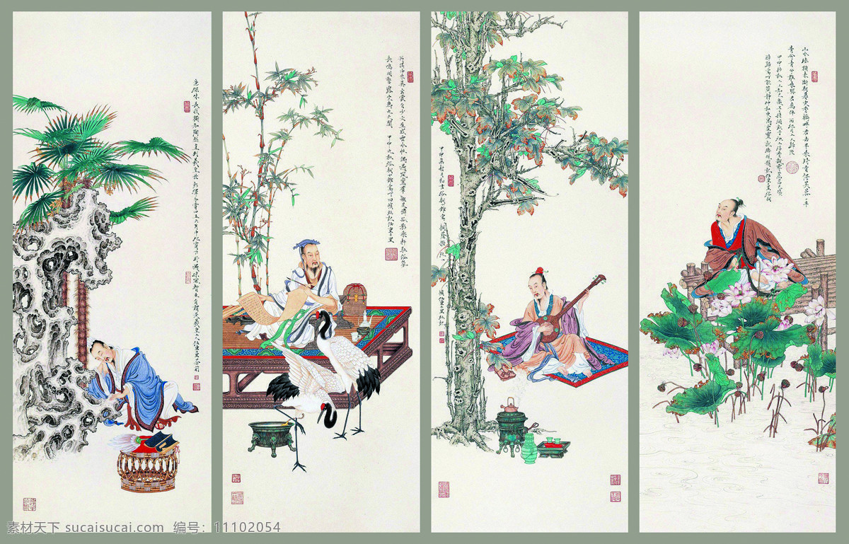 美术 中国画 人物画 古代人物 男人 名士 白鹤 荷花 树木 国画艺术 绘画书法 文化艺术