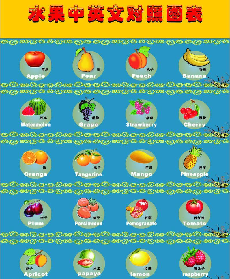 版面设计 生活百科 水果图片 水果 中英文 对照表 矢量 模板下载 对照 挂表 矢量图 日常生活