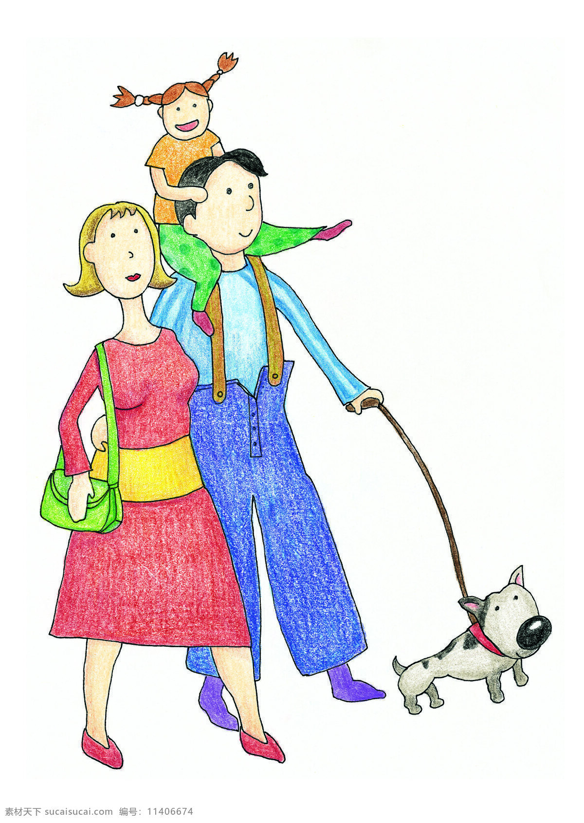 欢乐一家亲 一家人 遛狗 三口之家 卡通 漫画 手绘 彩铅 动漫动画 动漫人物