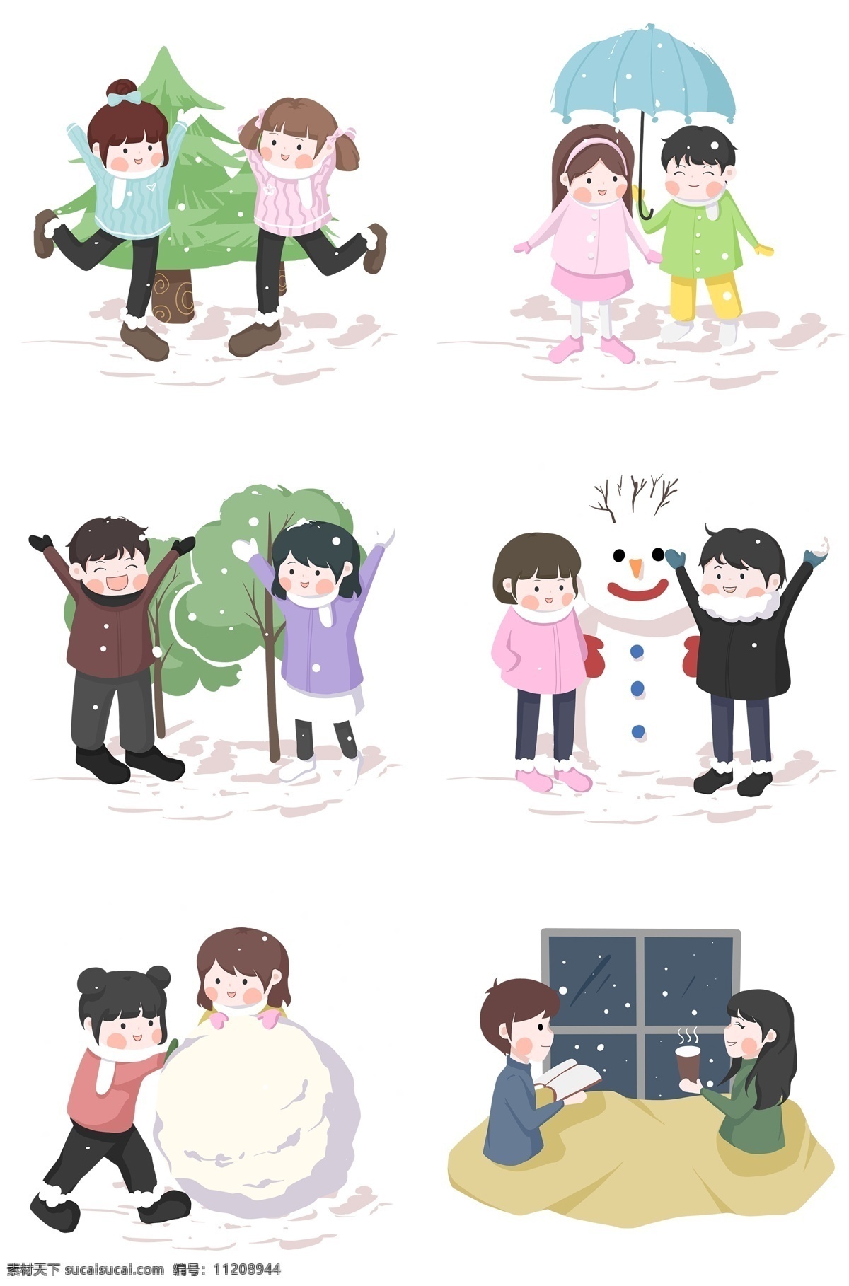 冬日 情侣 堆 雪人 图 郎才女貌 开心 浪漫 下雪 粉色长发女孩 蓝色雨伞 绿色外套 憧憬 美好 短发 女孩 活泼开朗 乖巧伶俐 雪白一片 气氛欢乐