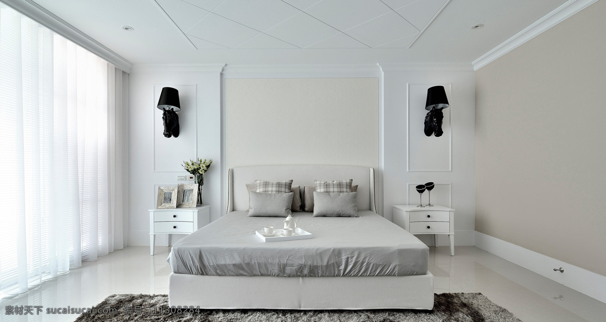 现代 冷淡 风 卧室 纯白 背景 墙 室内装修 效果图 雪花纹地毯 卧室装修 白色地板 白色背景墙