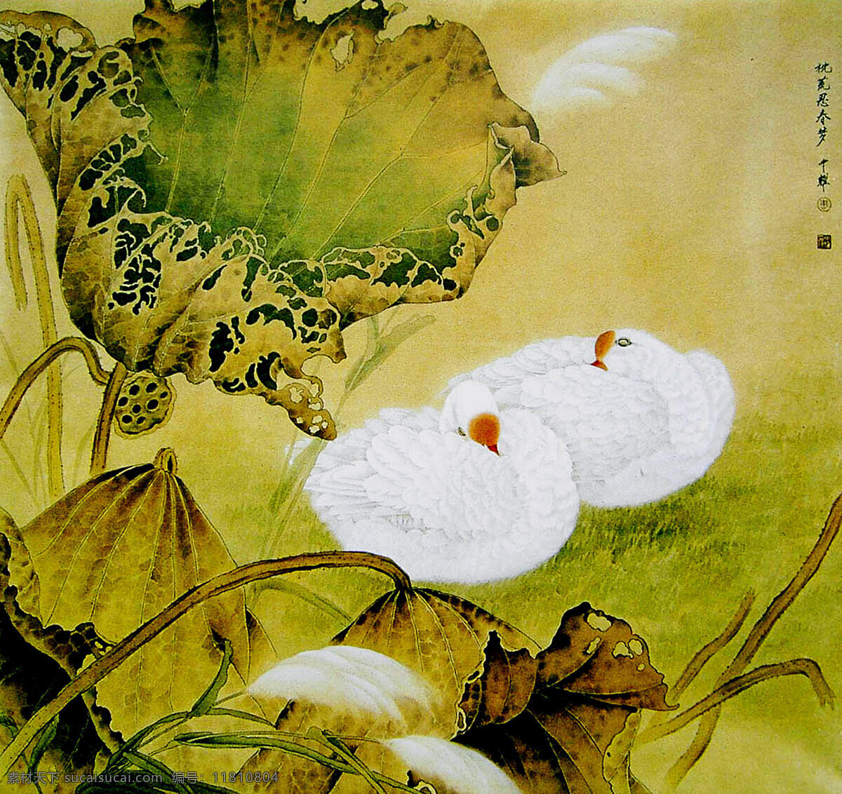 白鹅 彩墨画 草丛 国画艺术 荷塘 荷叶 花鸟画 绘画 枕荒忍春梦 美术 中国画 工笔重彩画 打盹 书法 印章 国画集20 绘画书法 文化艺术 装饰素材 雕刻 图案