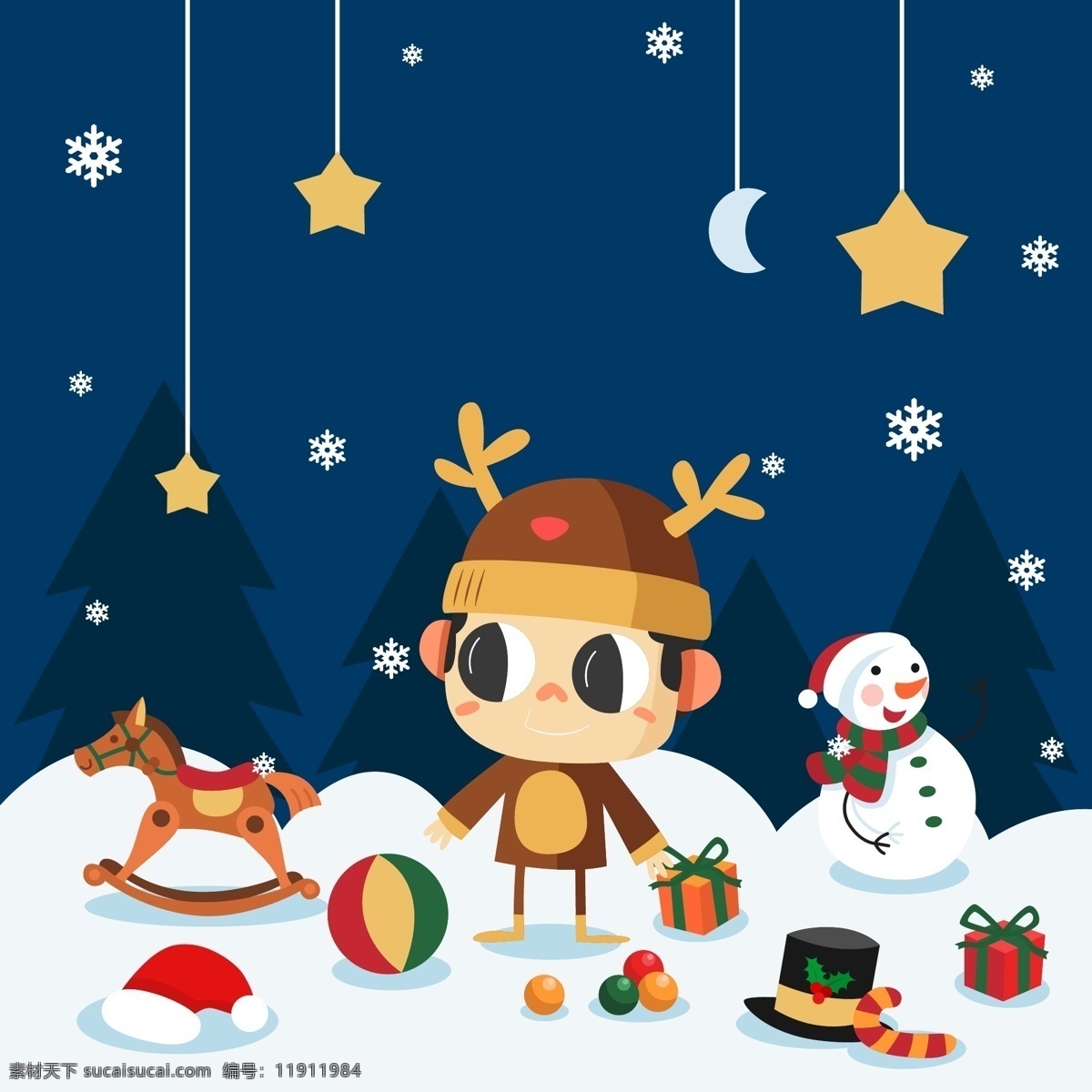 可爱 卡通 圣诞 礼物 矢量 背景 雪景 雪人 雪花