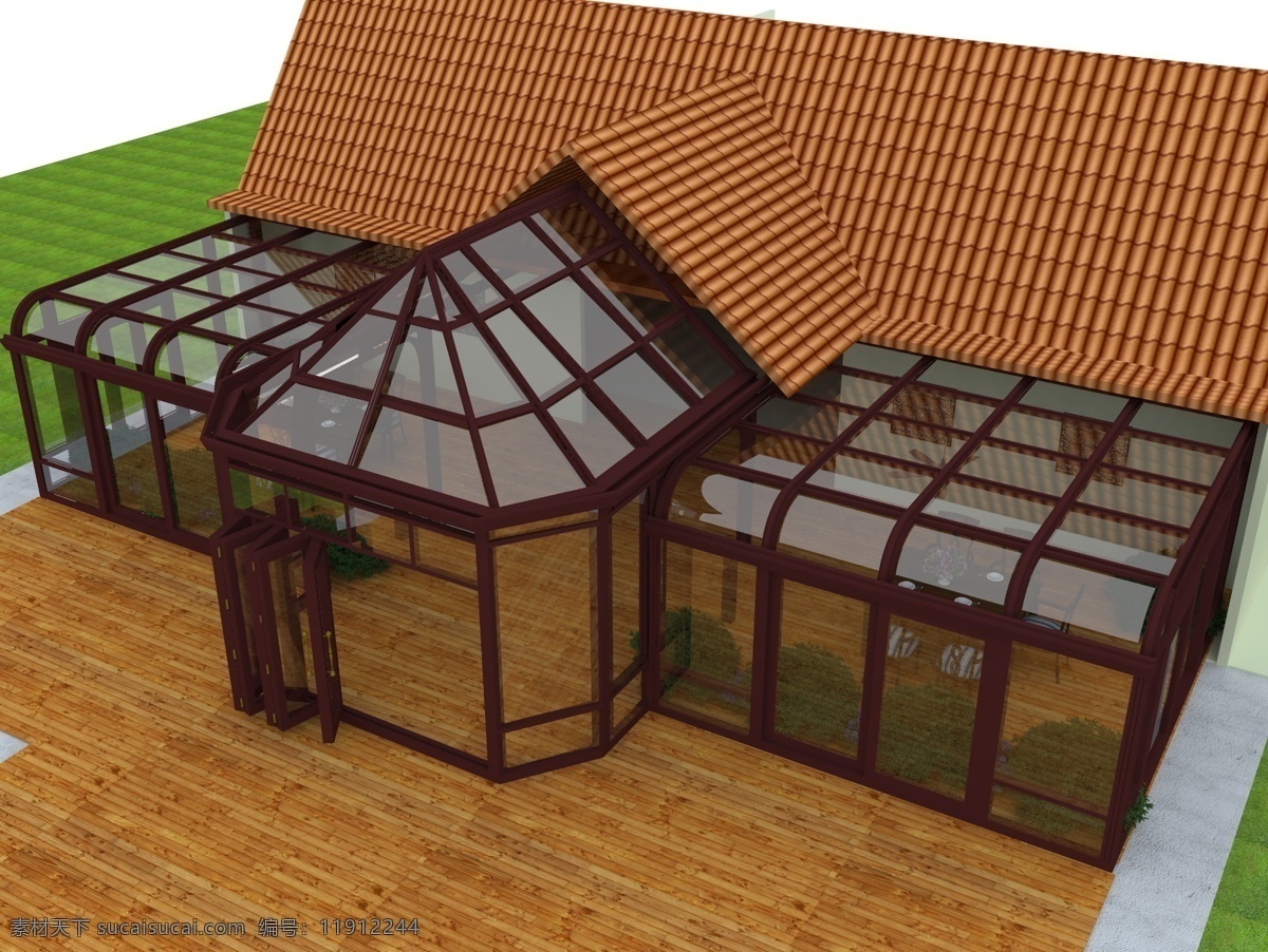 室外 通 室内 大型 阳光房 3d max 模型 通室内 弧顶 弧度 斜顶