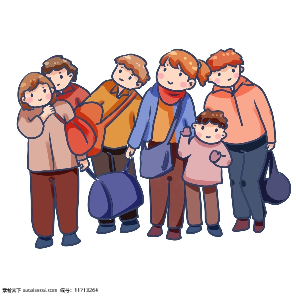 手绘 卡通 2019 新年 春运 回家 手绘卡通 装饰图案 猪年 赶车 手绘q版 看望老人