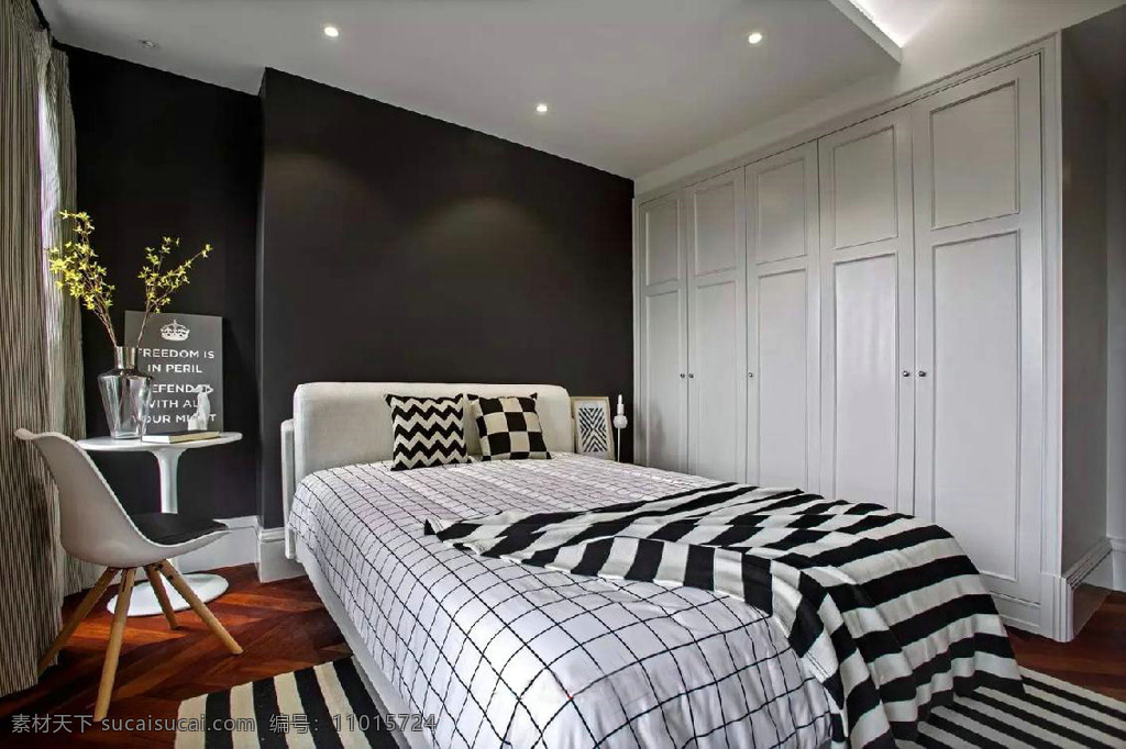 现代 时尚 卧室 条纹 地毯 室内装修 效果图 卧室装修 木地板 条纹地毯 白色衣柜