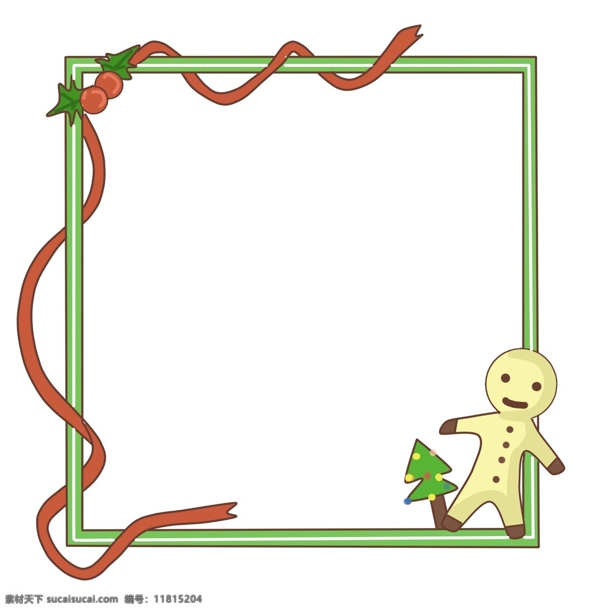 圣诞节 姜饼 边框 插画 红色的丝带 红色的圣诞球 绿色的叶子 绿色的边框 黄色的姜饼