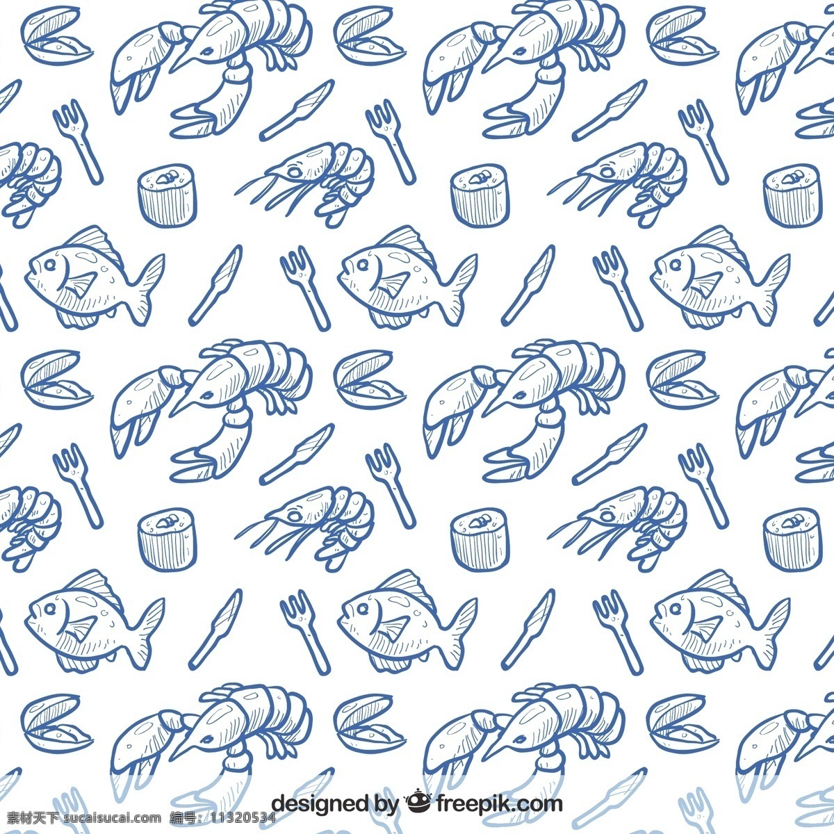 手绘海鲜背景 图案 食品 餐厅 绘制 寿司 绘画 海鲜 无缝 模式 手工 手绘 海洋生物