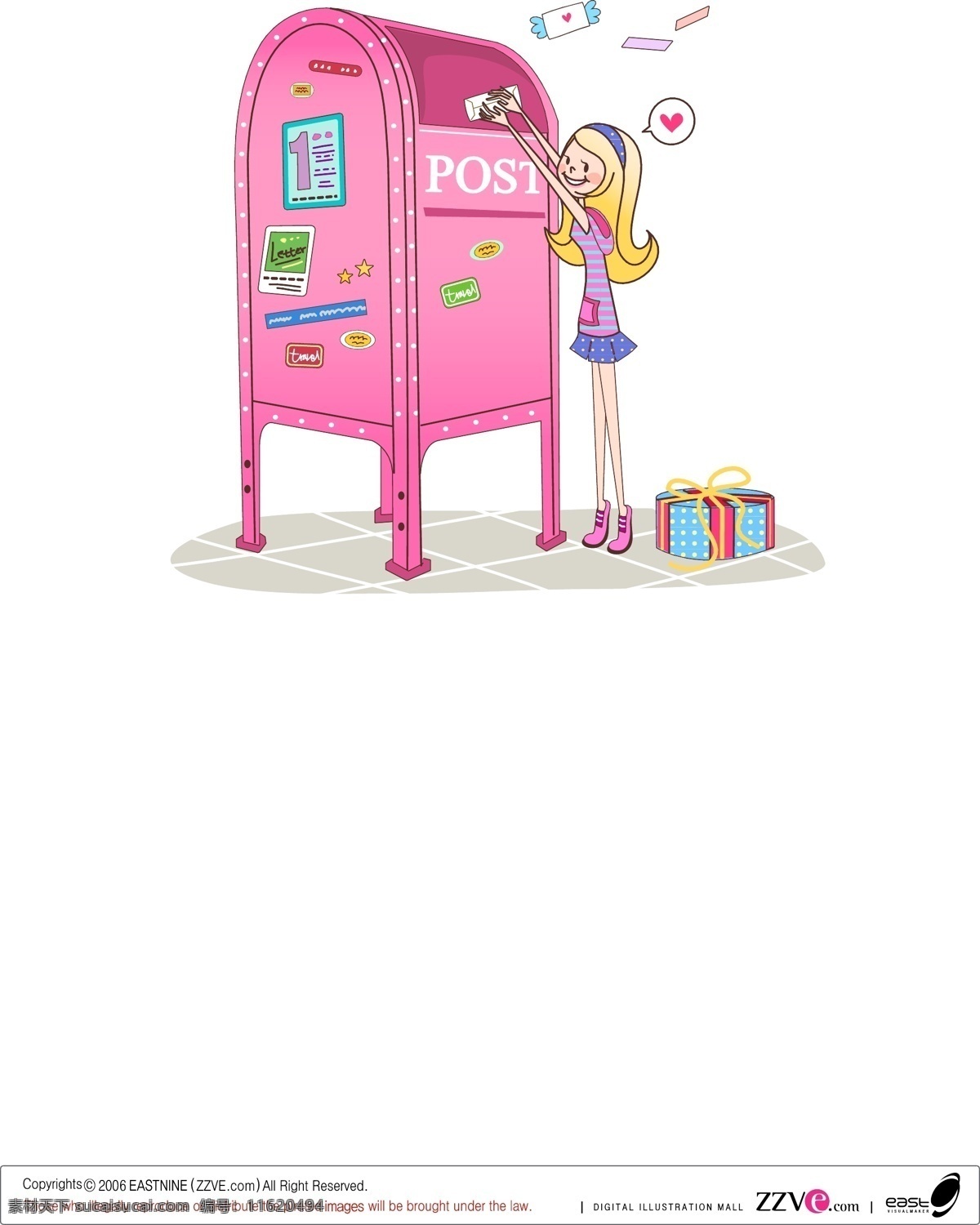 小女孩 邮箱 粉红色 矢量素材 金发女孩 礼物 邮件 卡通人物 白色