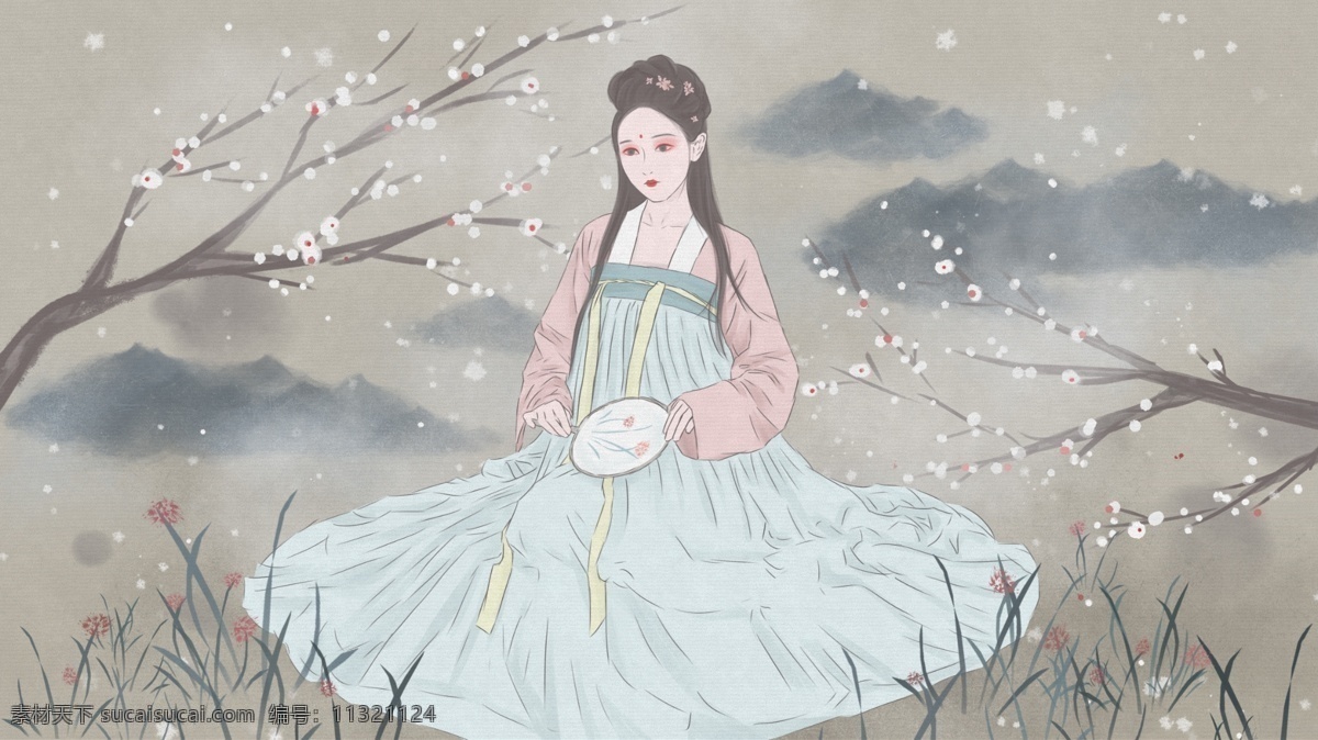 古风 人物 插画 中国 风 工笔画 杏花 树下 古装 美女 中国风 草 复古 壁纸 古风人物 古装美女 汉服 襦裙 水墨 山 树 背景 仙女