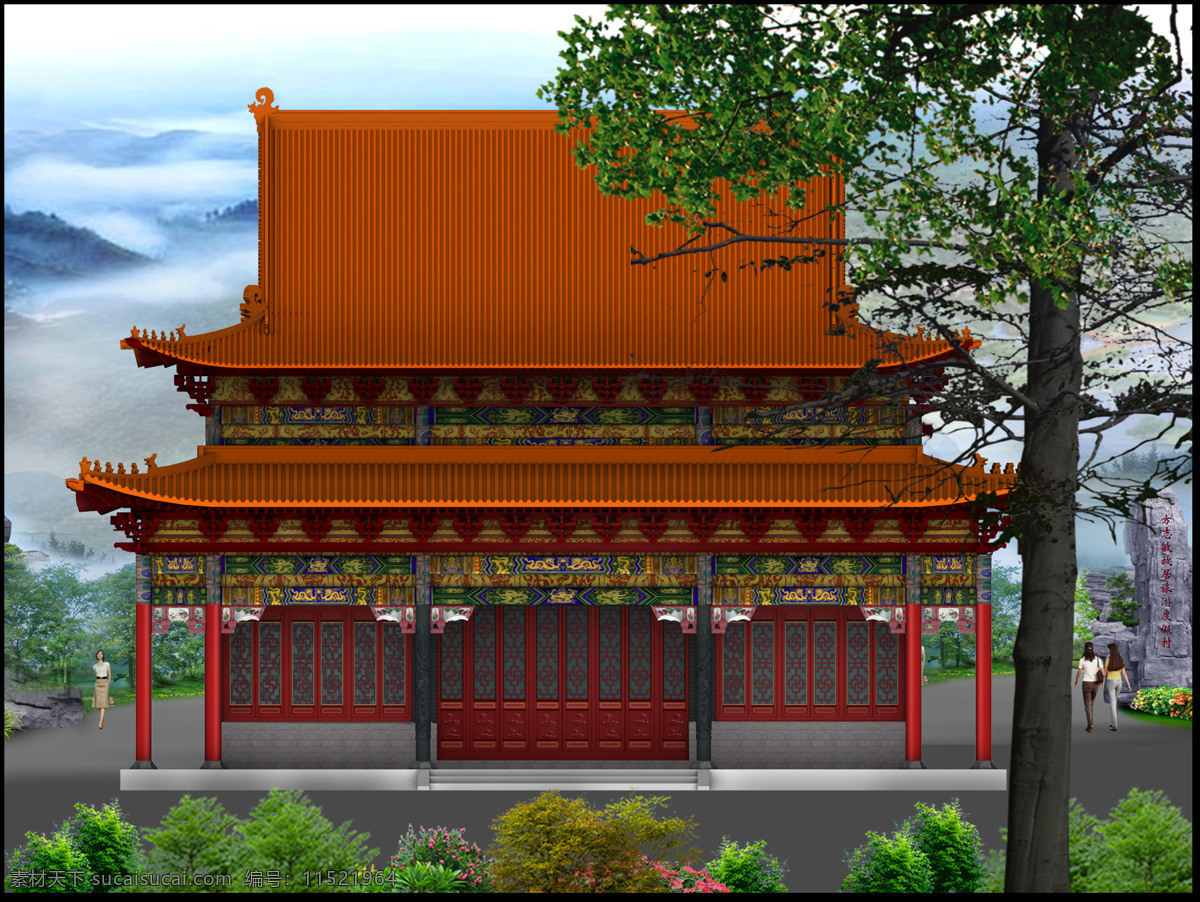大雄宝殿 前 视图 寺庙 古建 琉璃瓦 彩绘 斗拱 建筑设计 环境设计 黑色