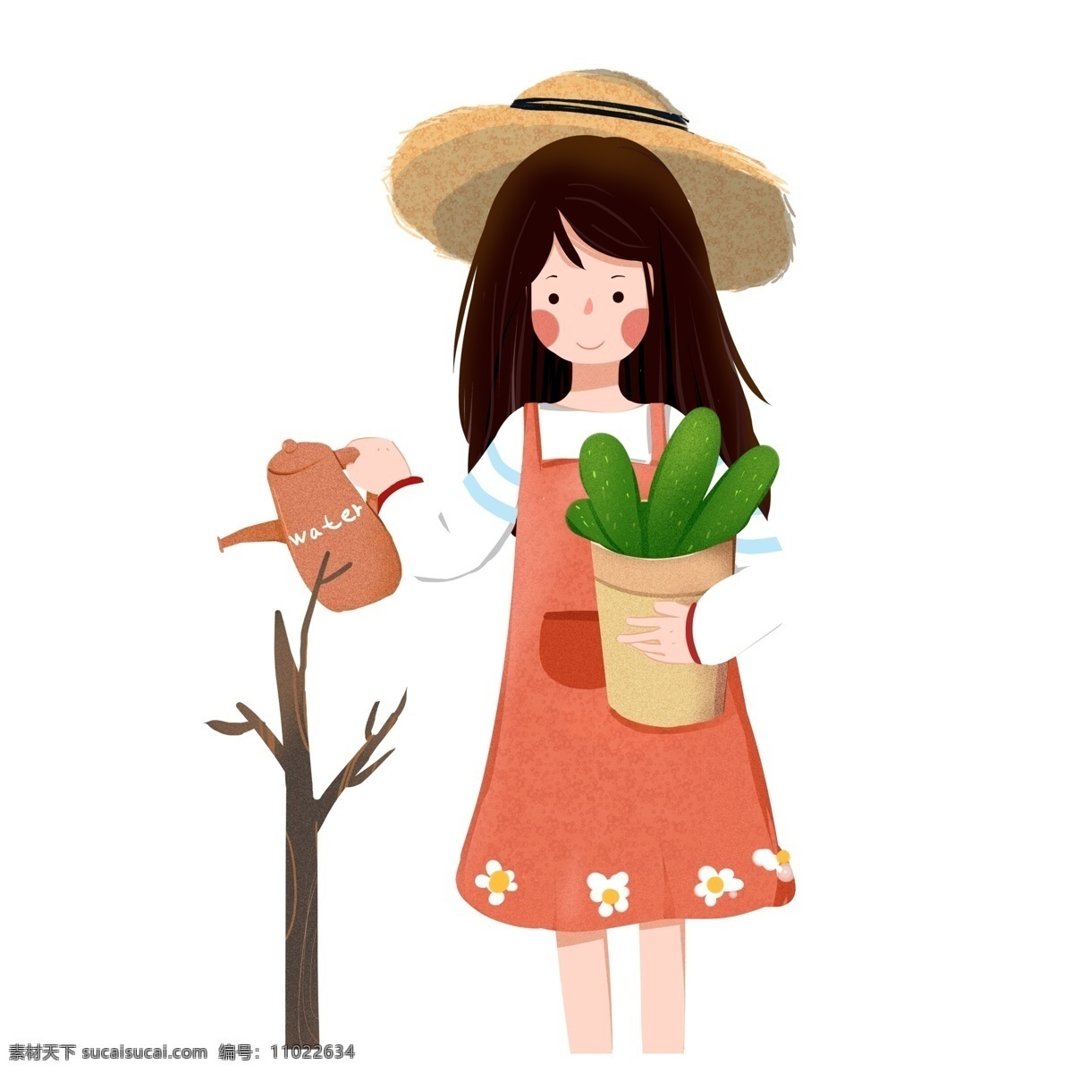 手绘 种树 女孩子 插画 卡通 可爱 女孩 植树节 中午 浇花