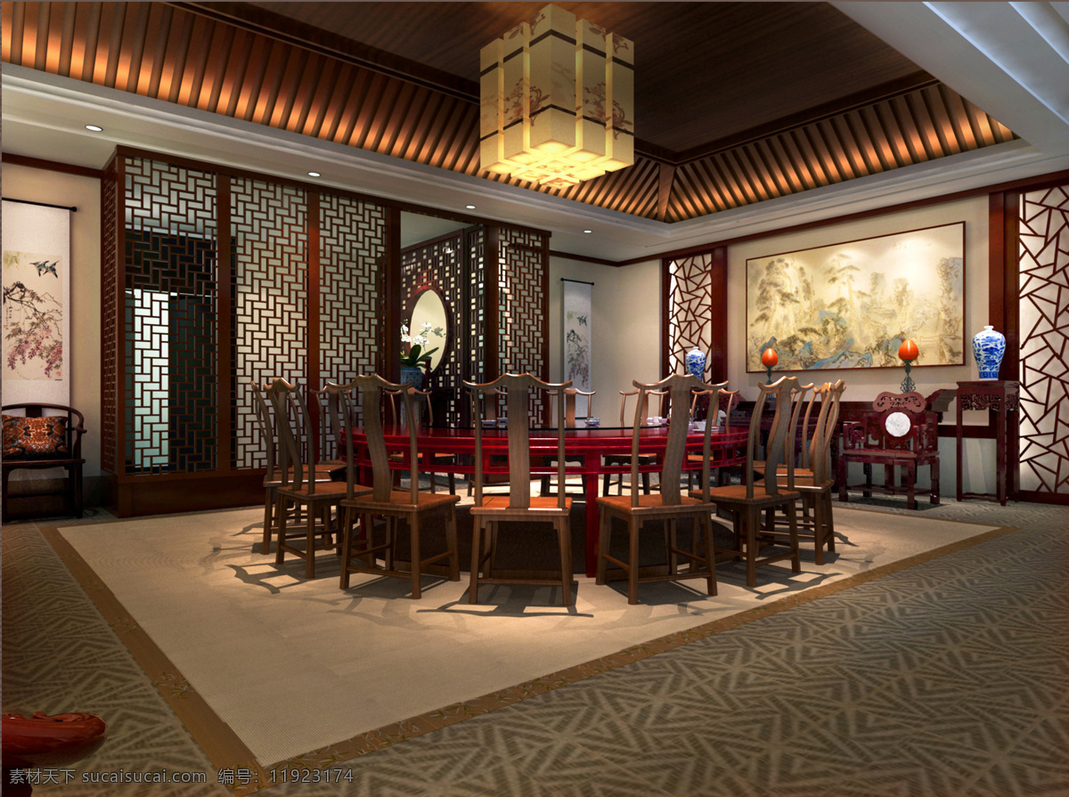 中式 餐厅 包厢 环境设计 室内设计 中式餐厅包厢 木花格隔断 木造型顶 中式长几 家居装饰素材