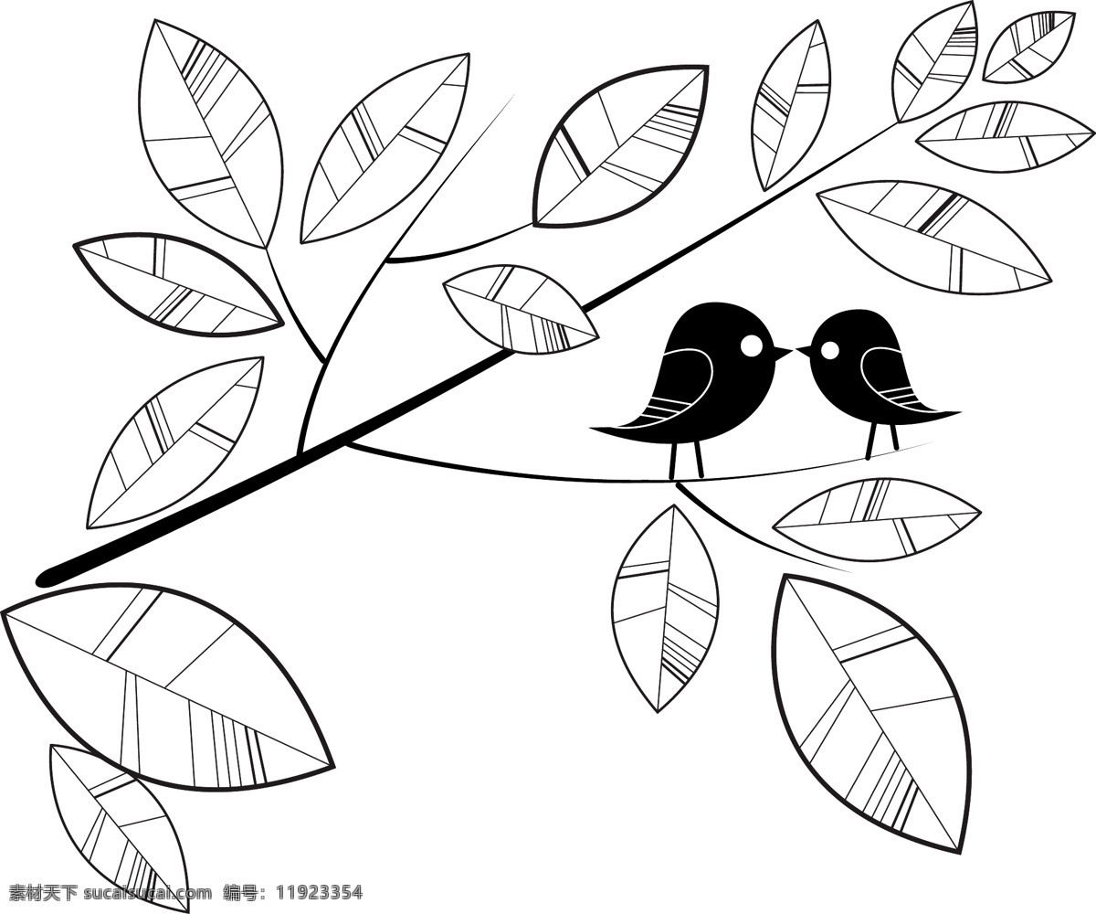 可爱 小鸟 程式化 分支 叶子 矢量图 其他矢量图