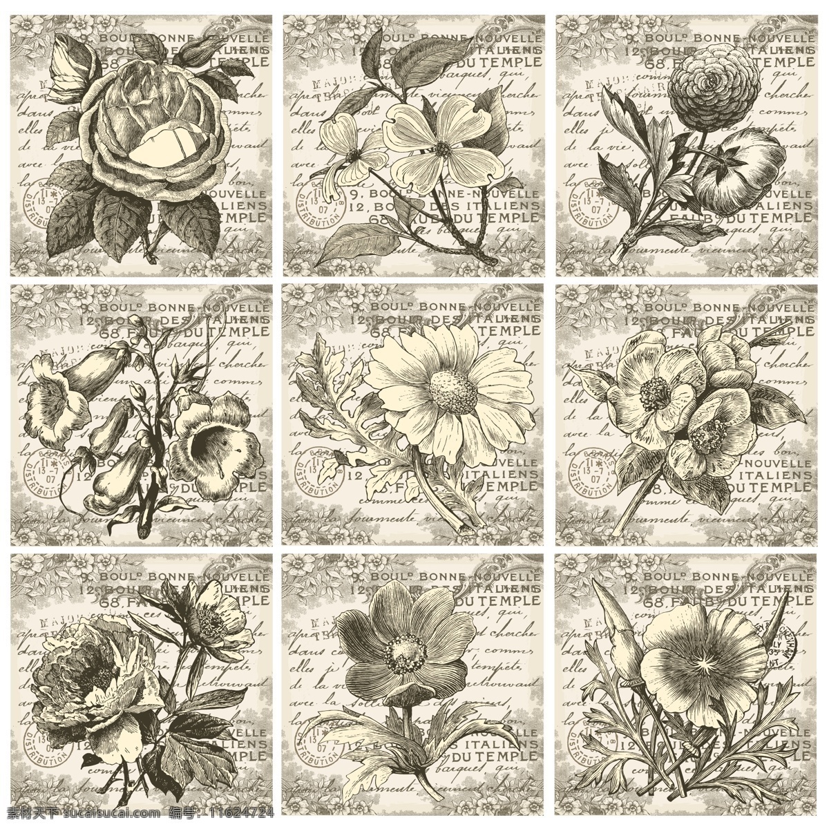 复古 欧美 中世纪 花卉 画报 矢量 矢量素材 设计素材