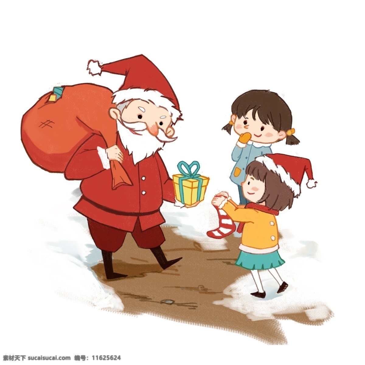 圣诞节 送 圣诞 礼物 圣诞老人 节日 男孩女孩系列 传统习俗 可爱 卡通风 童话风格 插画 壁纸 装饰画