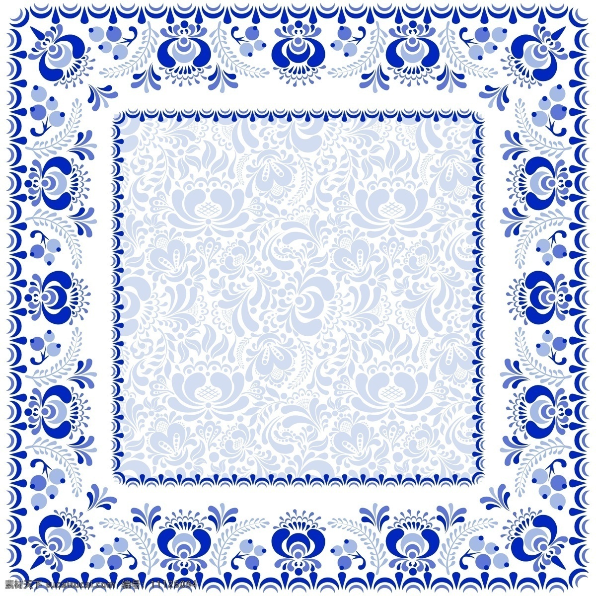 方形 蓝色 花纹 青 餐具 餐盘 古风 花朵 印花 青花瓷 插画 矢量