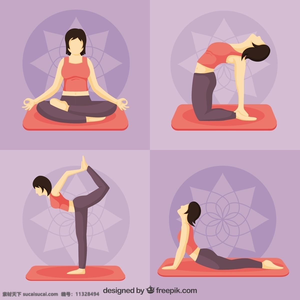 女子 做 瑜伽 姿势 设定 手 健康 手画 可爱 人 颜色 和平 运动 平衡 精神 人体 放松 生活方式 制定 设置 位置 紫色