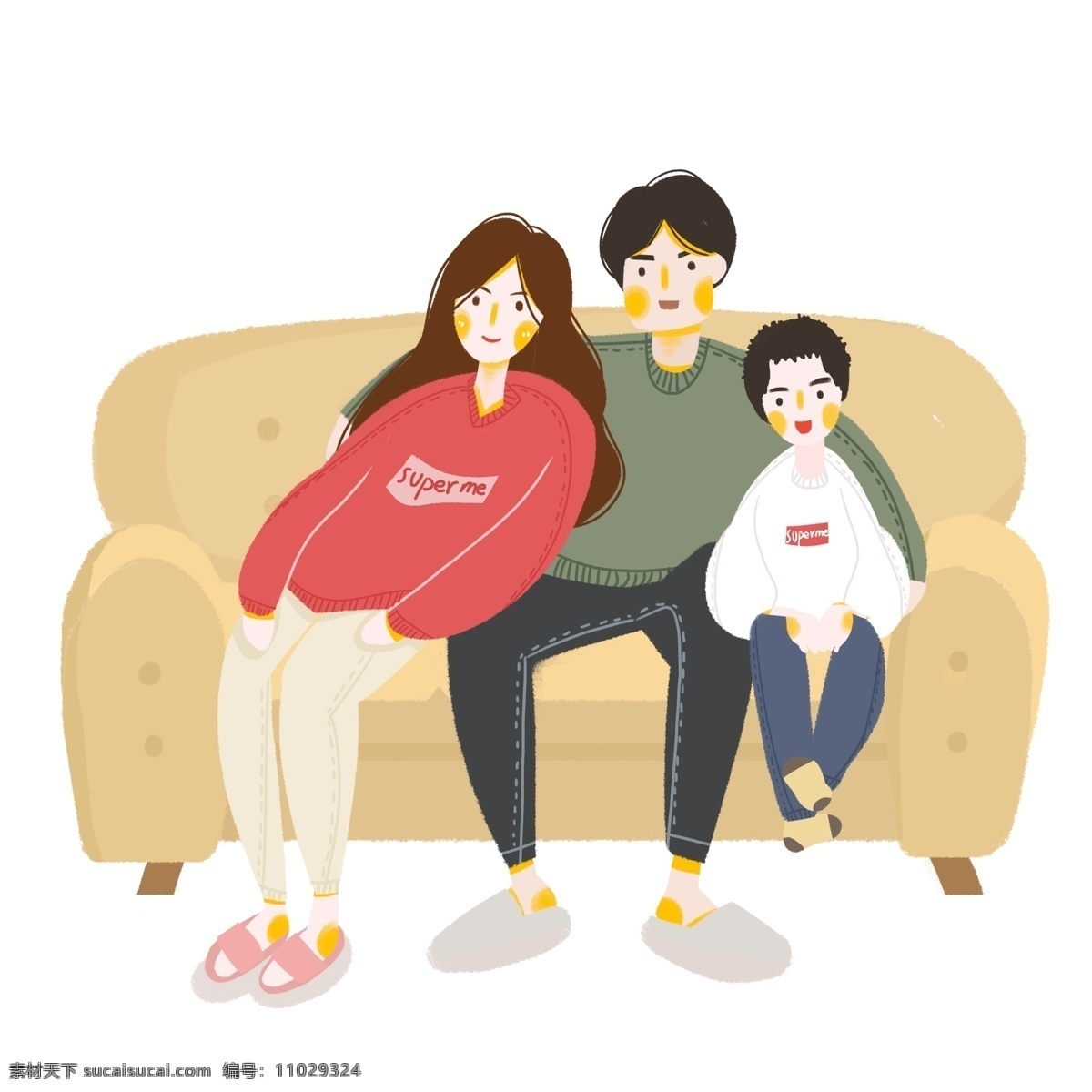 卡通 小 清新 坐在 沙发 上 一家 三口 小清新 插画 一家人 温馨 女孩 全家团圆