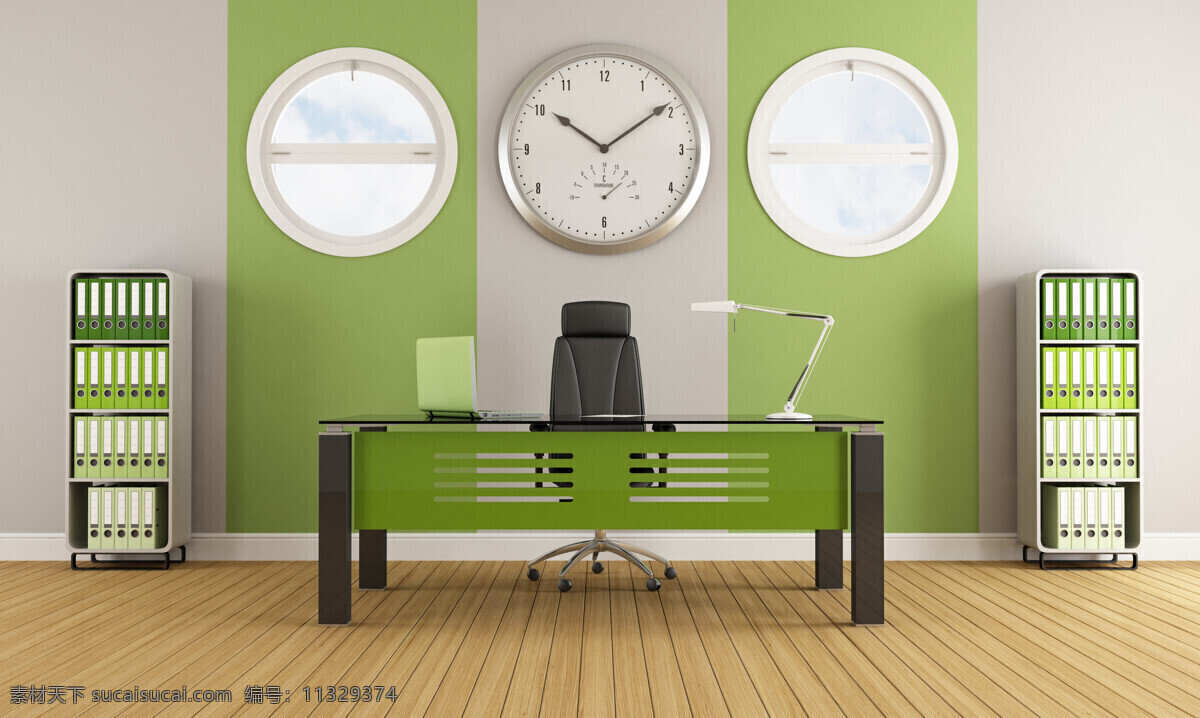 现代 办公室 装修 绿色风格 时钟 窗户