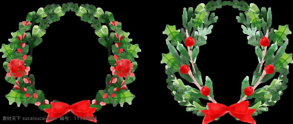 清新 红 绿色 手绘 花环 装饰 元素 红色蝴蝶结 红色花朵 花瓣 树叶 圆形